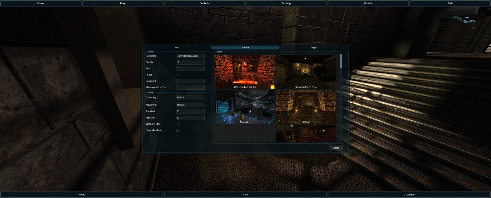 Create Server menu showing the game module selector with default / ctf / lithium / race, and the movement selector open beside it
