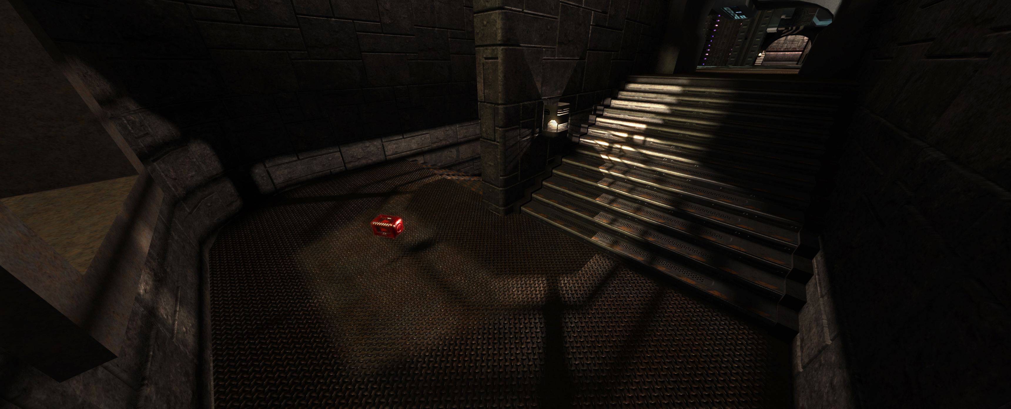 Alpha-tested light shadows falling across the stairs on Campgrounds