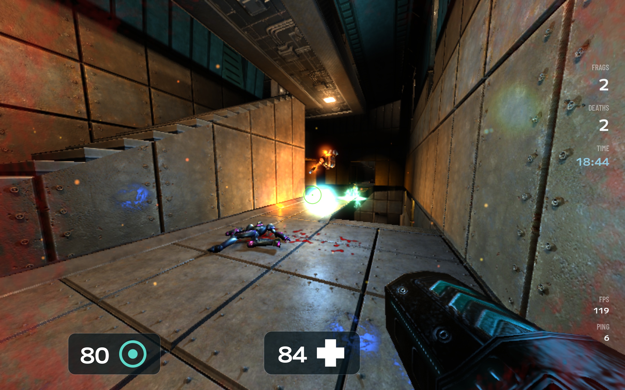 Hyperblaster fire lighting up a Quetoo corridor
