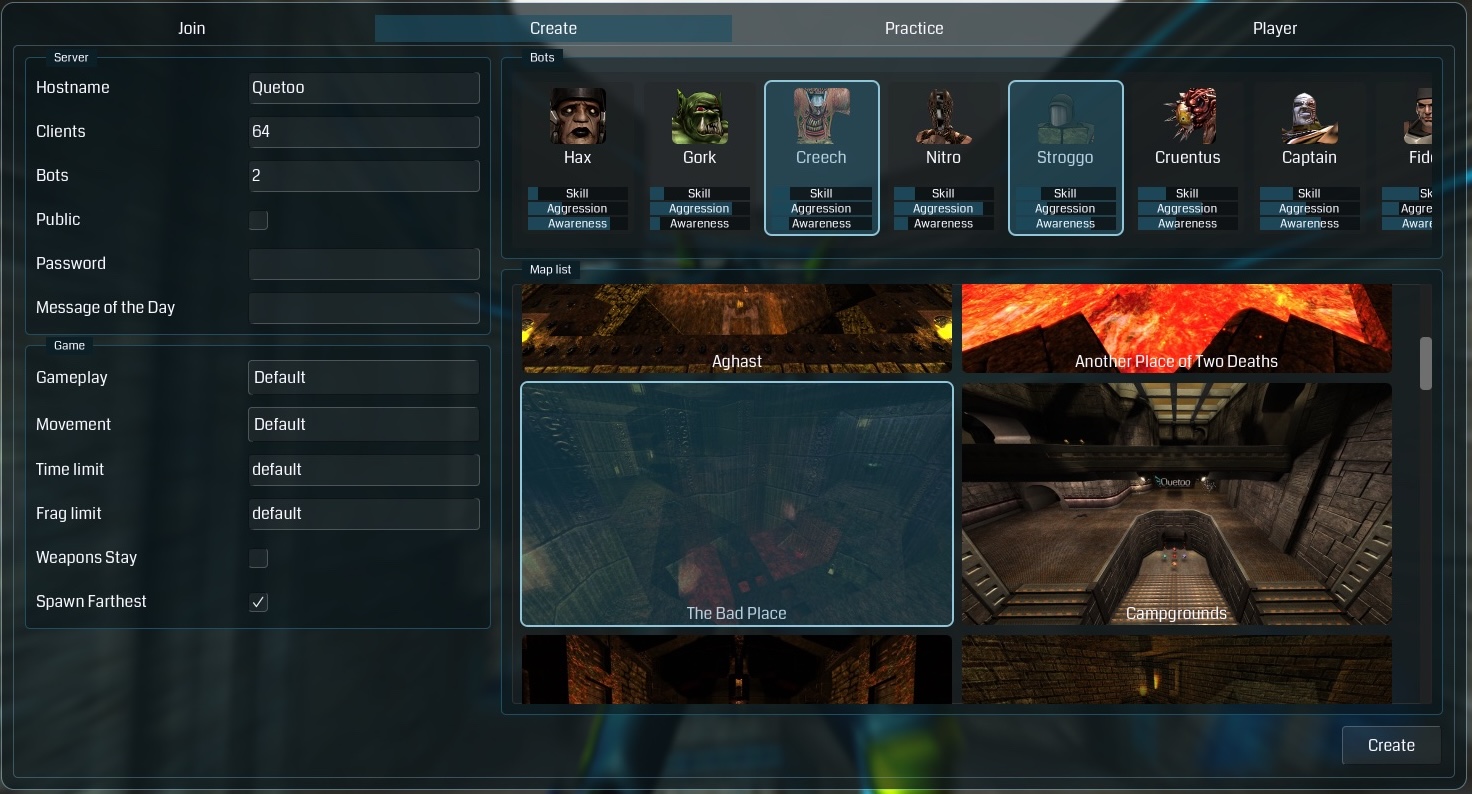 The Create Server menu, with the bot picker above the map list and Creech and Stroggo selected