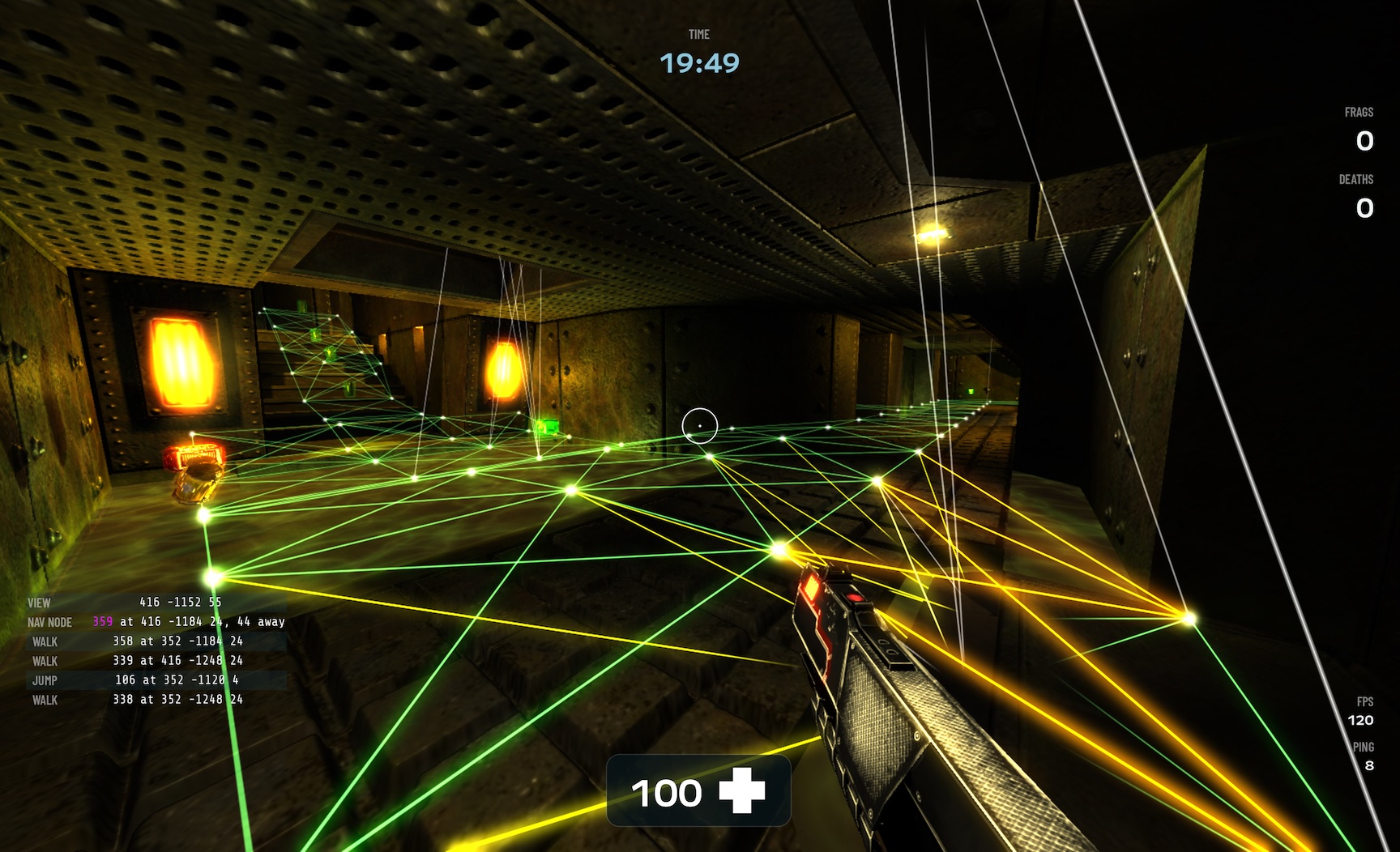 The generated nav mesh drawn in game, with its nodes and the walk and jump links between them, and the nav node readout in the corner