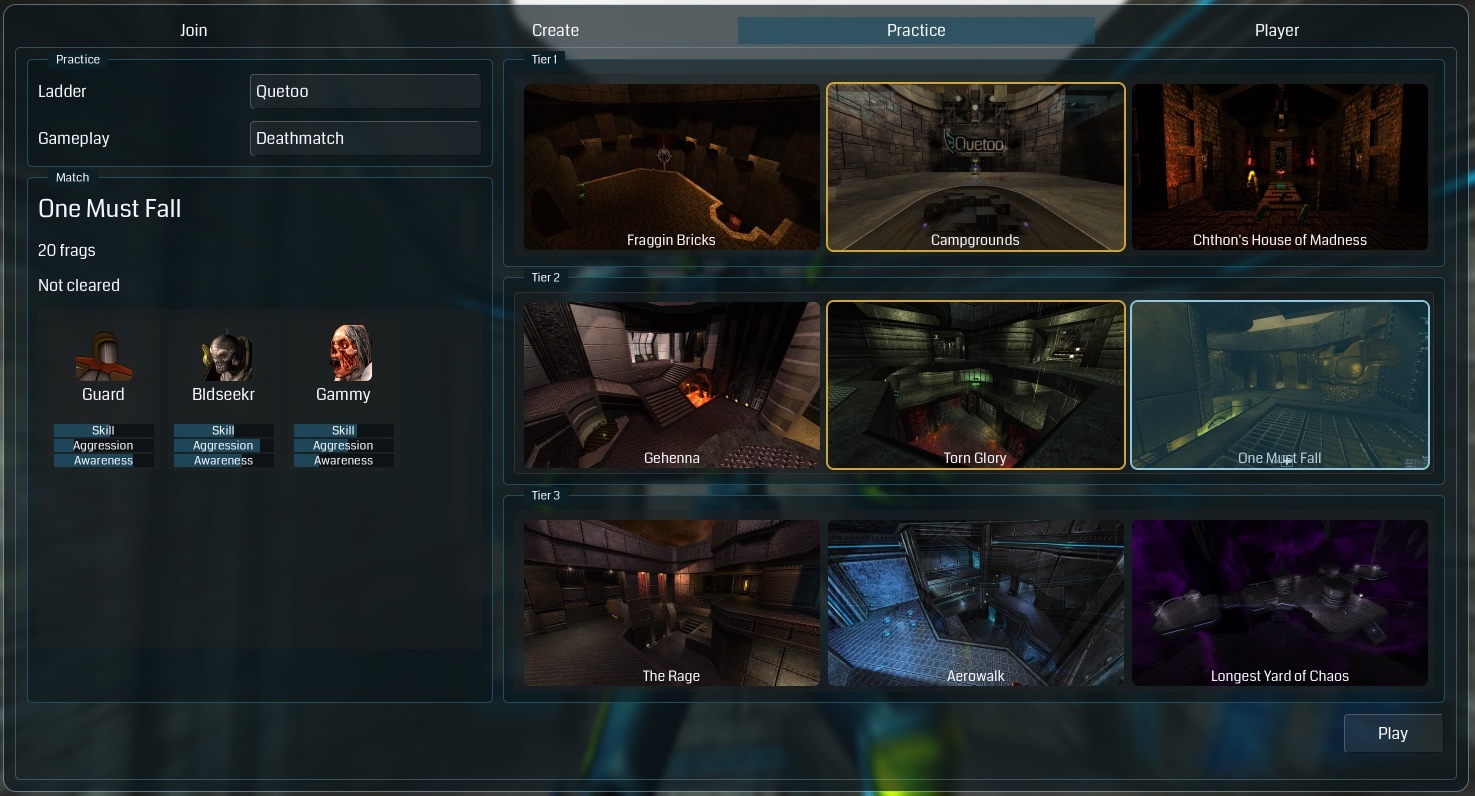 The Practice tab, showing the Quetoo ladder with its three tiers of maps and the selected match on One Must Fall against Guard, Bldseekr and Gammy
